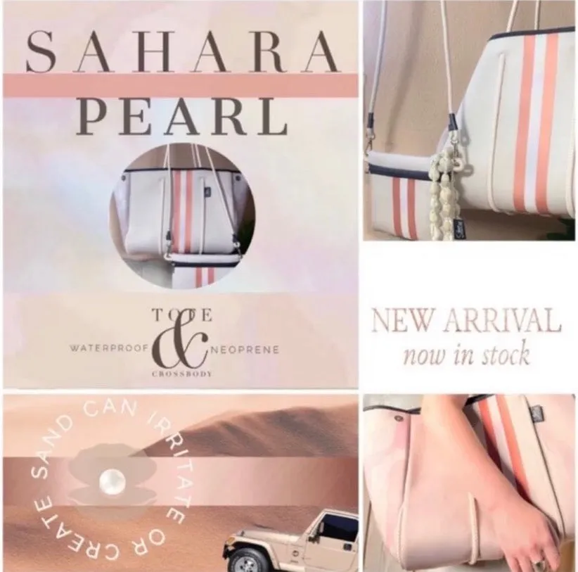 © Sahara Pearl waterproof tote & crossbody sand beige premium neoprene   pearlescent & sunset rose-gold stripes & champagne mirage interior holiday gift ShoreAndSkyline