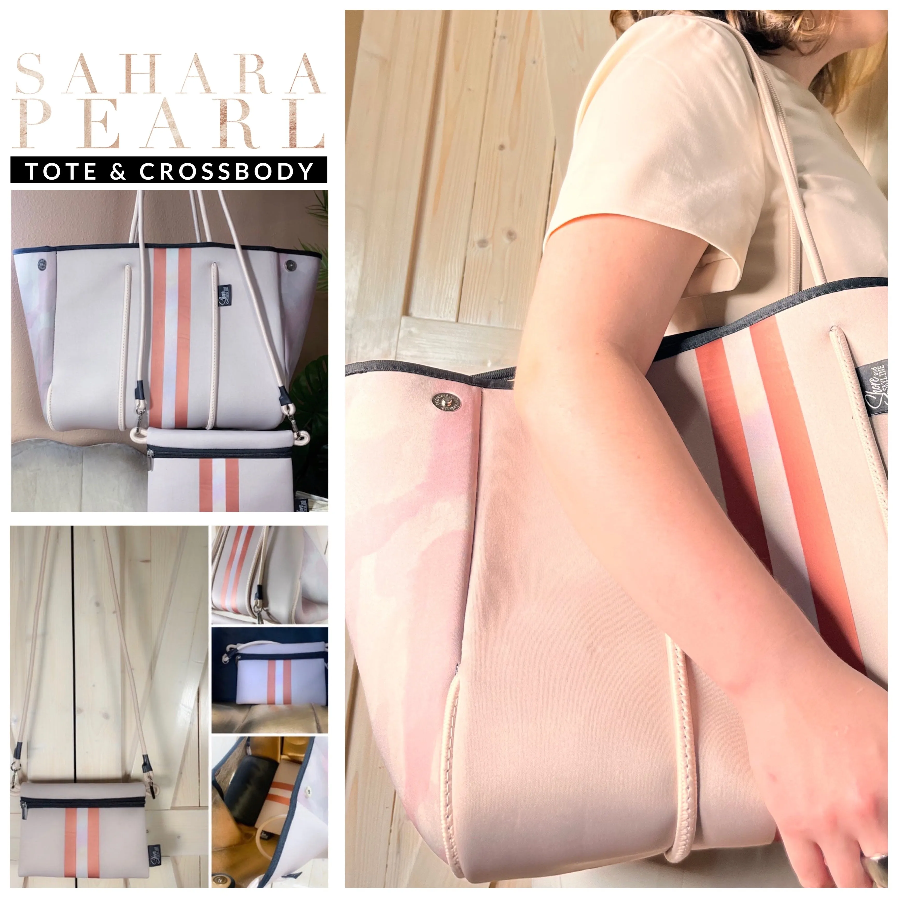 © Sahara Pearl waterproof tote & crossbody sand beige premium neoprene   pearlescent & sunset rose-gold stripes & champagne mirage interior holiday gift ShoreAndSkyline