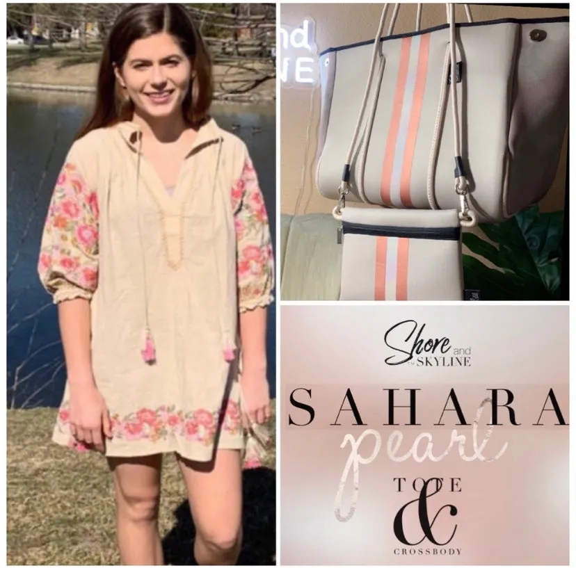 © Sahara Pearl waterproof tote & crossbody sand beige premium neoprene   pearlescent & sunset rose-gold stripes & champagne mirage interior holiday gift ShoreAndSkyline