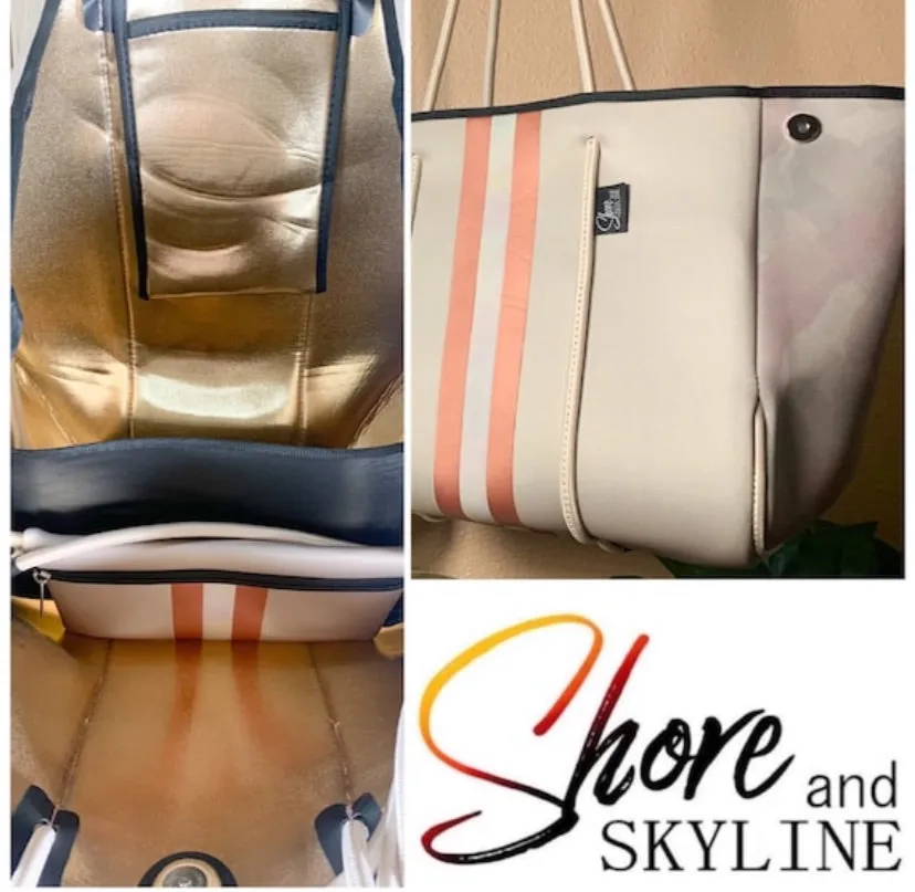 © Sahara Pearl waterproof tote & crossbody sand beige premium neoprene   pearlescent & sunset rose-gold stripes & champagne mirage interior holiday gift ShoreAndSkyline