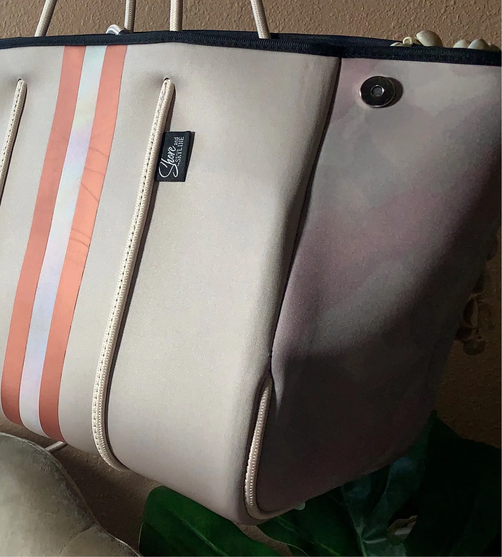 © Sahara Pearl waterproof tote & crossbody sand beige premium neoprene   pearlescent & sunset rose-gold stripes & champagne mirage interior holiday gift ShoreAndSkyline