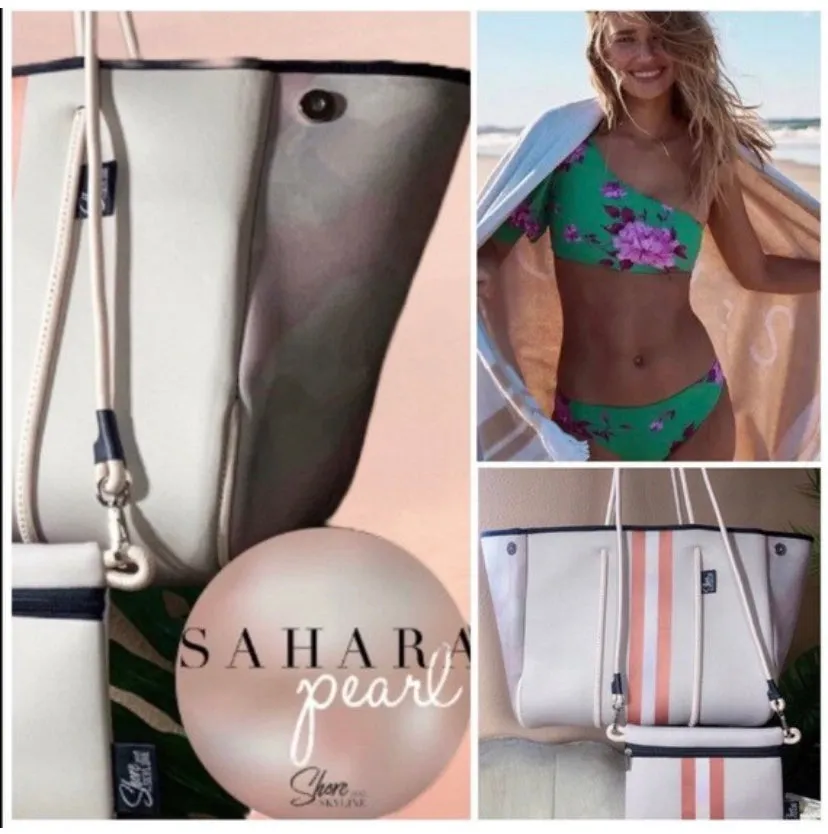 © Sahara Pearl waterproof tote & crossbody sand beige premium neoprene   pearlescent & sunset rose-gold stripes & champagne mirage interior holiday gift ShoreAndSkyline