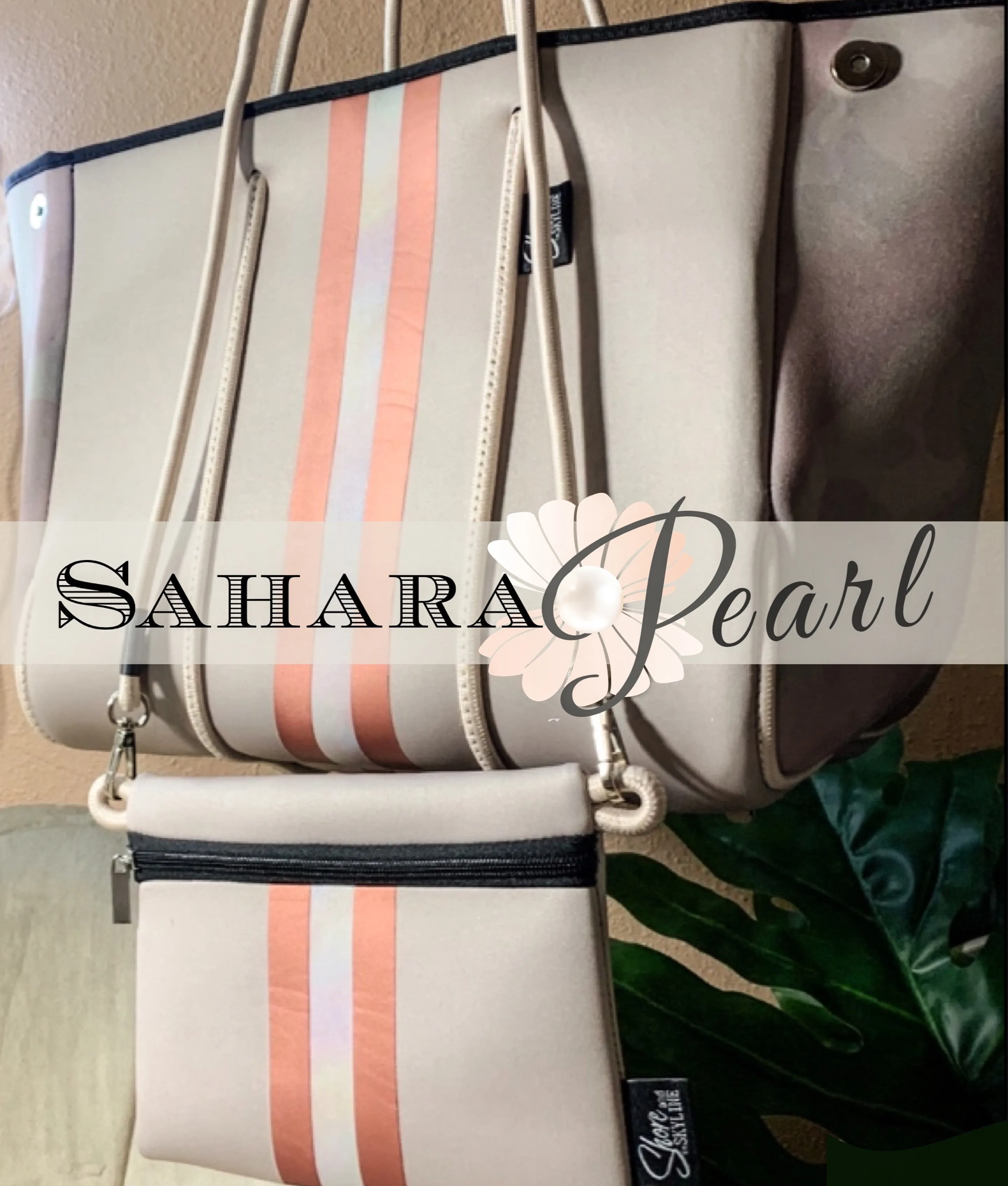 © Sahara Pearl waterproof tote & crossbody sand beige premium neoprene   pearlescent & sunset rose-gold stripes & champagne mirage interior holiday gift ShoreAndSkyline