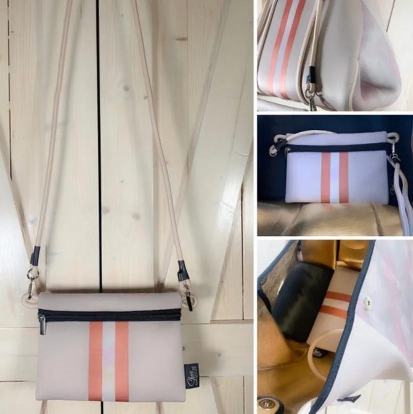 © Sahara Pearl waterproof tote & crossbody sand beige premium neoprene   pearlescent & sunset rose-gold stripes & champagne mirage interior holiday gift ShoreAndSkyline