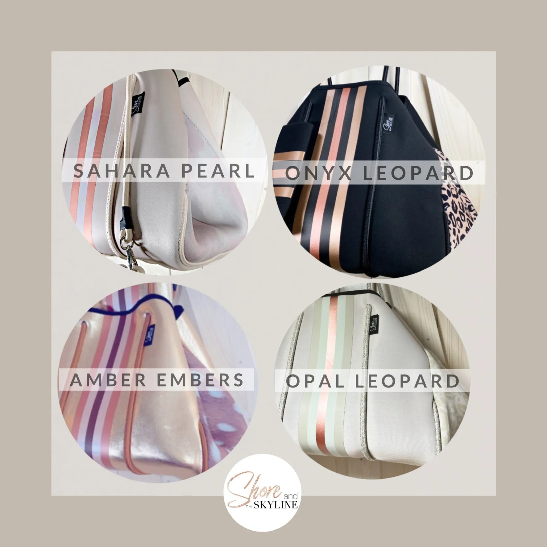 © Sahara Pearl waterproof tote & crossbody sand beige premium neoprene   pearlescent & sunset rose-gold stripes & champagne mirage interior holiday gift ShoreAndSkyline