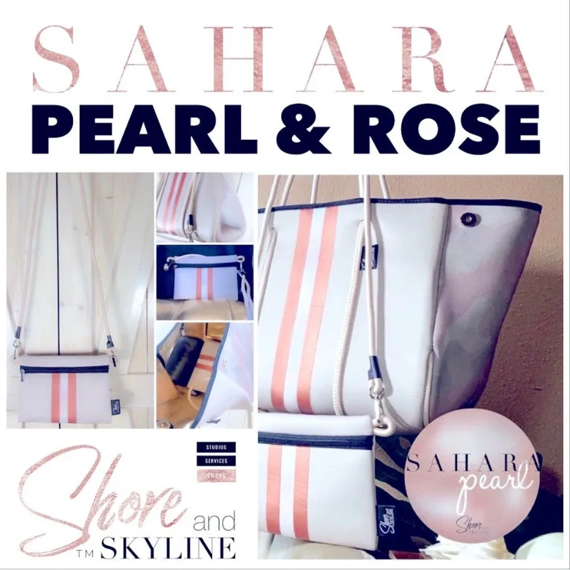 © Sahara Pearl waterproof tote & crossbody sand beige premium neoprene   pearlescent & sunset rose-gold stripes & champagne mirage interior holiday gift ShoreAndSkyline