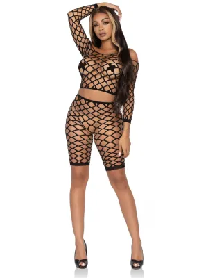 2 Pc Net Crop Top and Bike Shorts - One Size -  Black