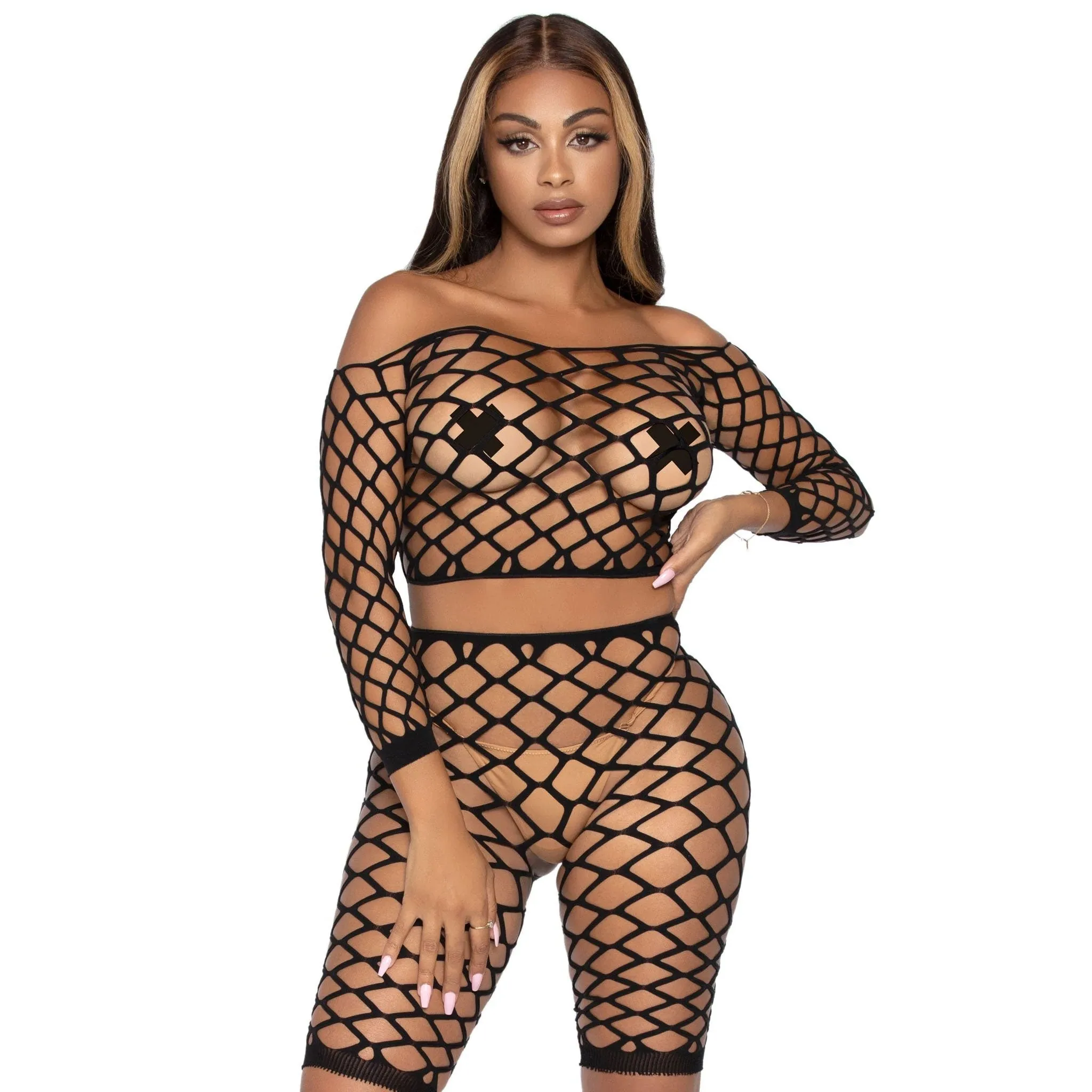 2 Pc Net Crop Top and Bike Shorts - One Size -  Black