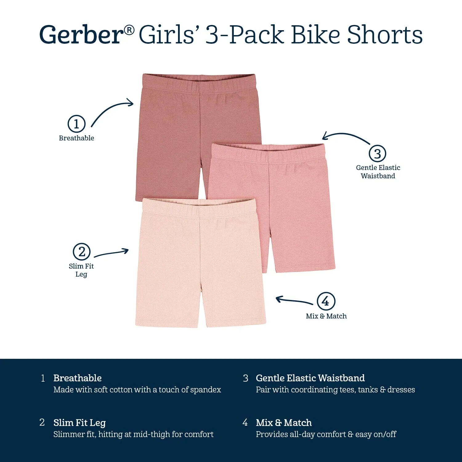 3-Pack Toddler Girls Dusty Pinks Bike Shorts