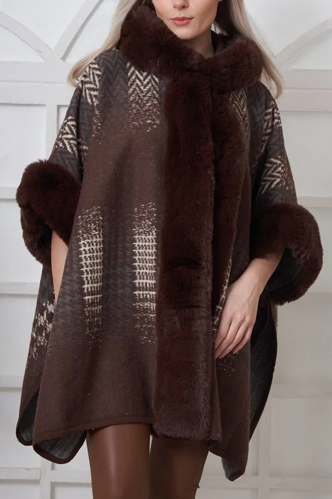 Abstract Dogtooth Pattern Faux Fur Hooded Poncho