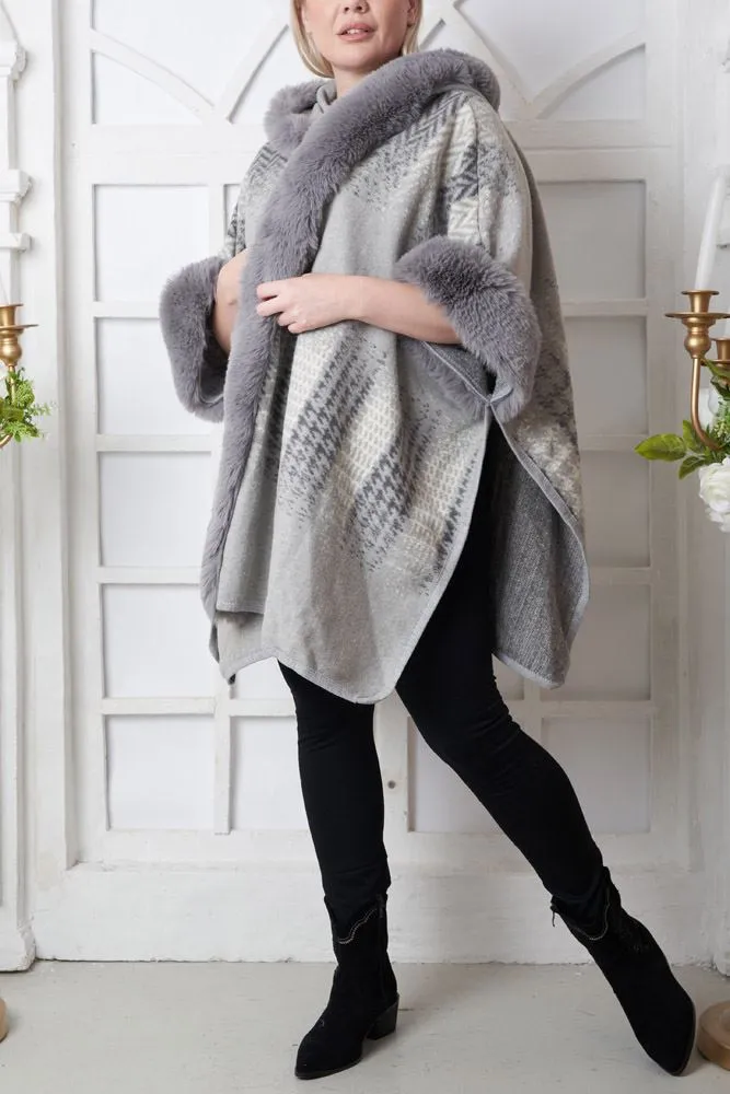 Abstract Dogtooth Pattern Faux Fur Hooded Poncho