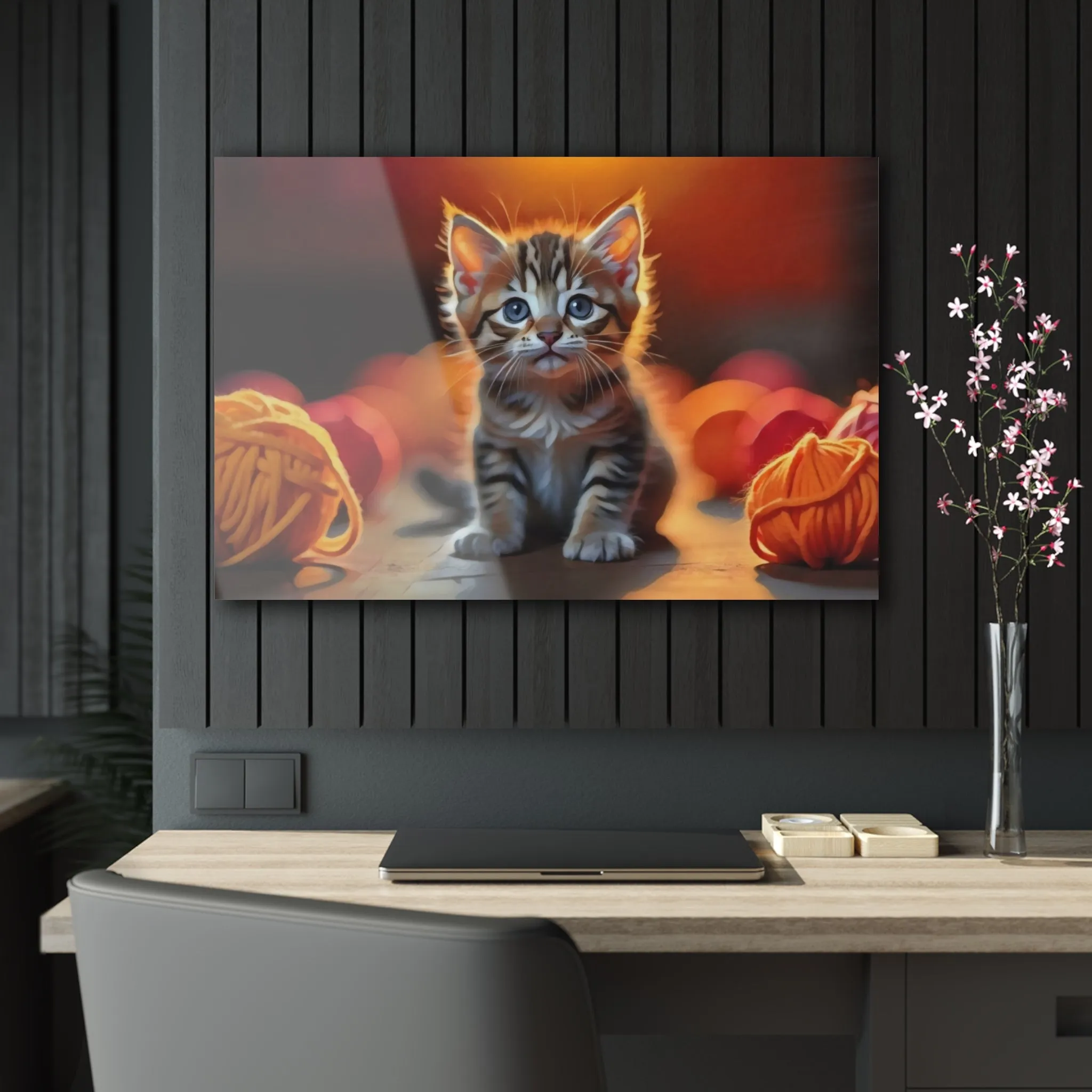 Art Acrylic Print Playful Curiosity: Kitten with Yarn Chaia Malana