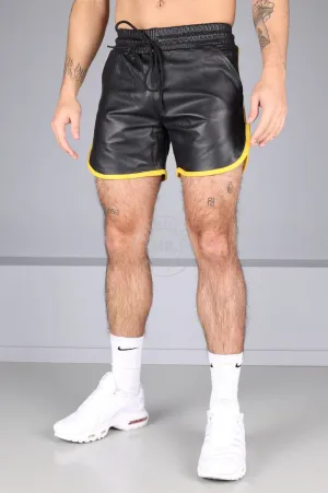 Berlin Black Leather Sport Short - Yellow Piping