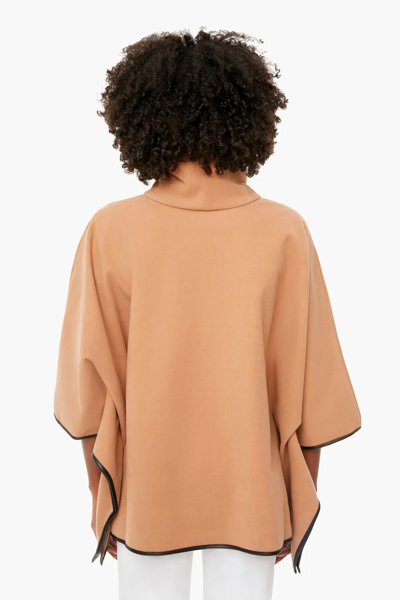 Camel Leather Trim Funnel Neck Piper Poncho