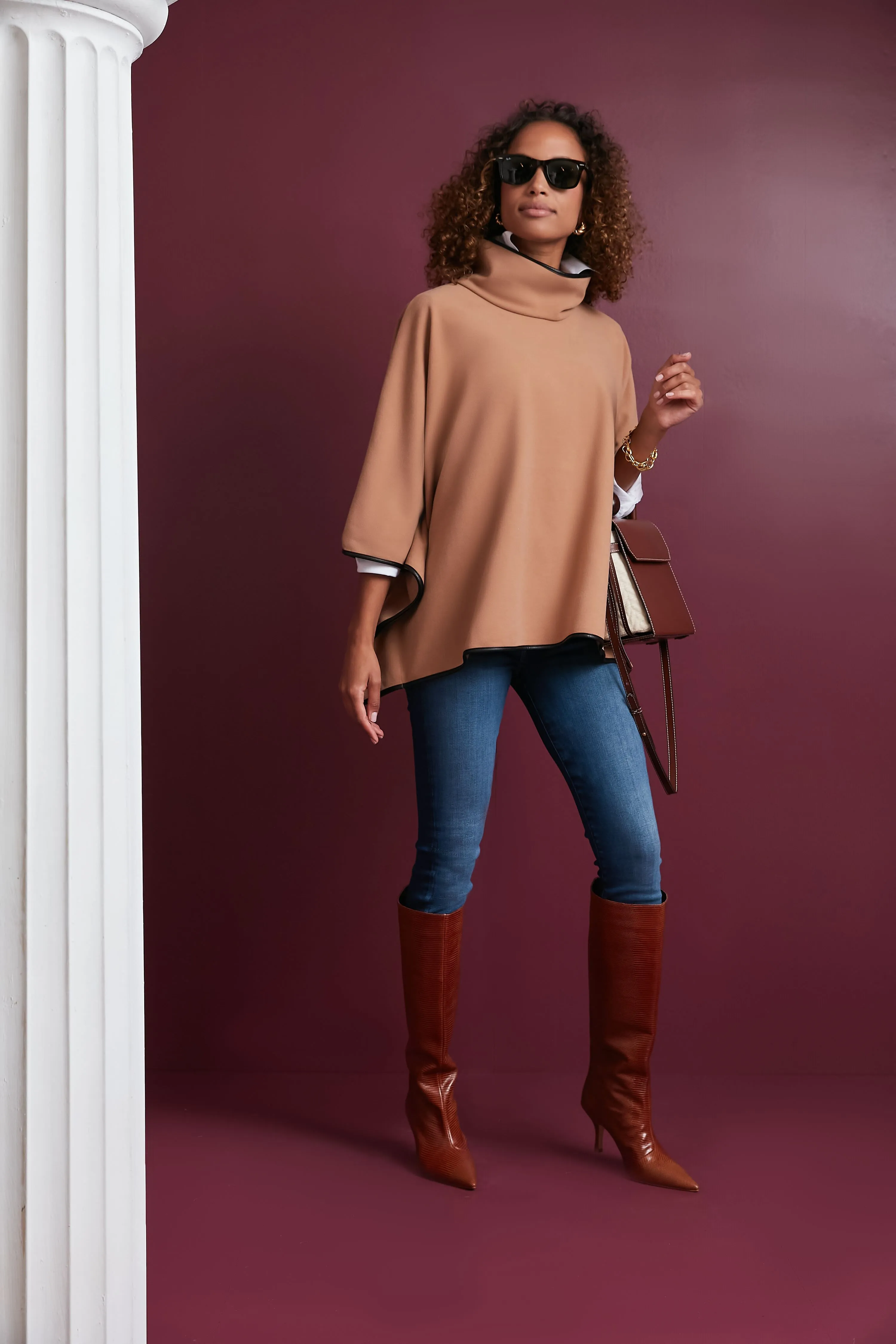 Camel Leather Trim Funnel Neck Piper Poncho