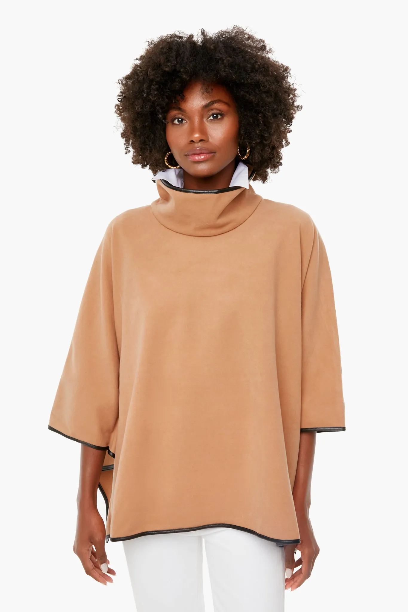 Camel Leather Trim Funnel Neck Piper Poncho