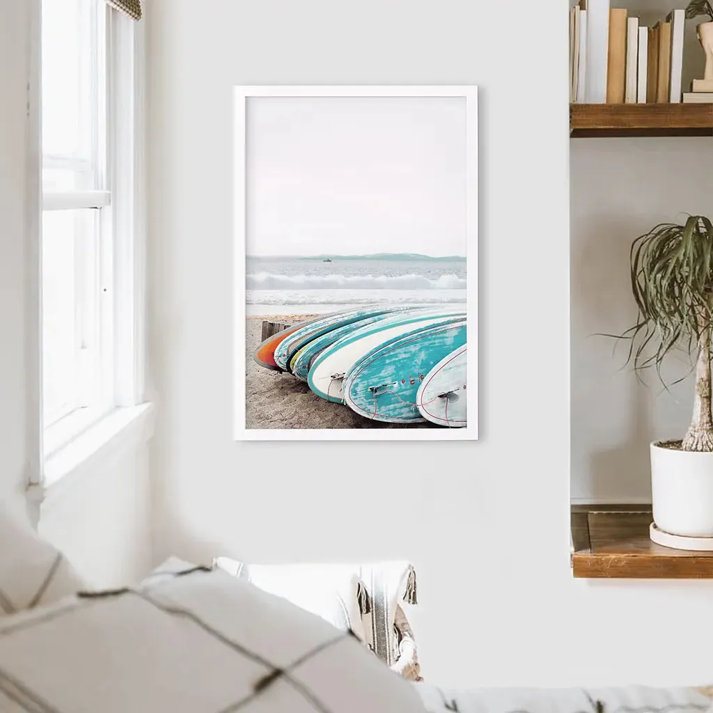 Colored Surfboards on The Beach. Ocean Surfing Print