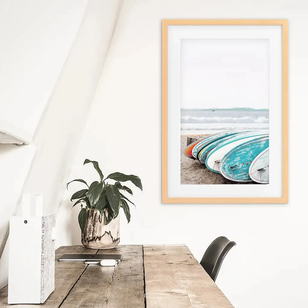 Colored Surfboards on The Beach. Ocean Surfing Print