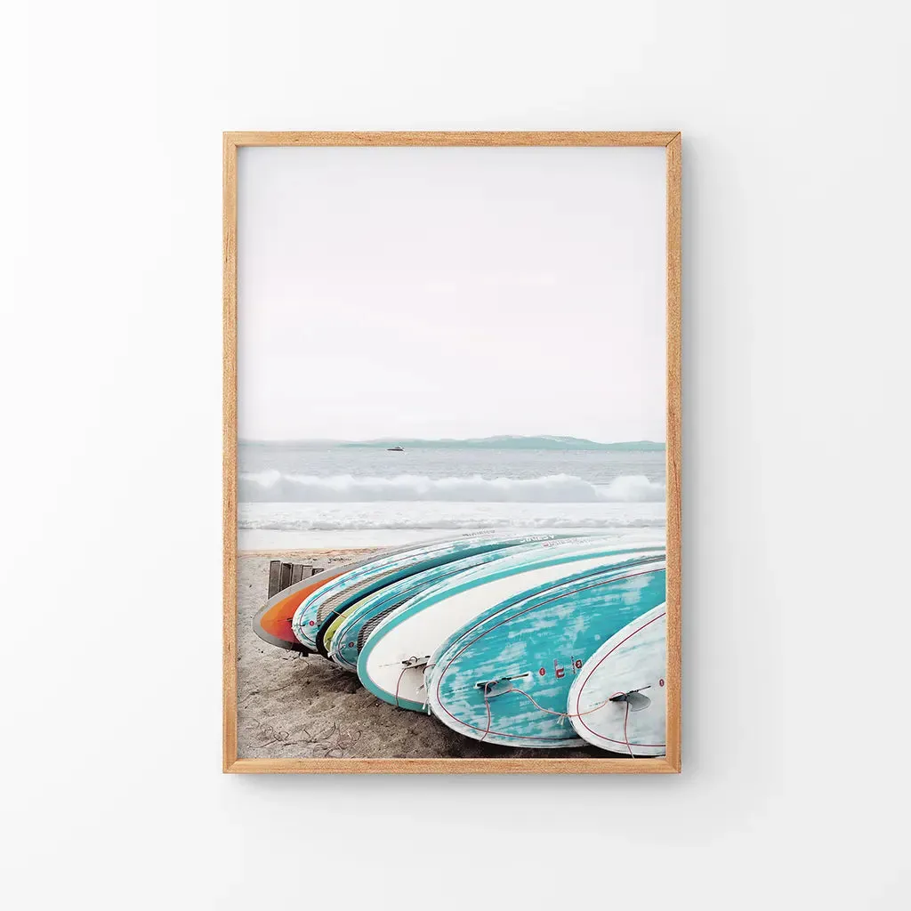 Colored Surfboards on The Beach. Ocean Surfing Print