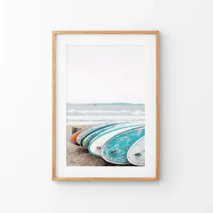 Colored Surfboards on The Beach. Ocean Surfing Print