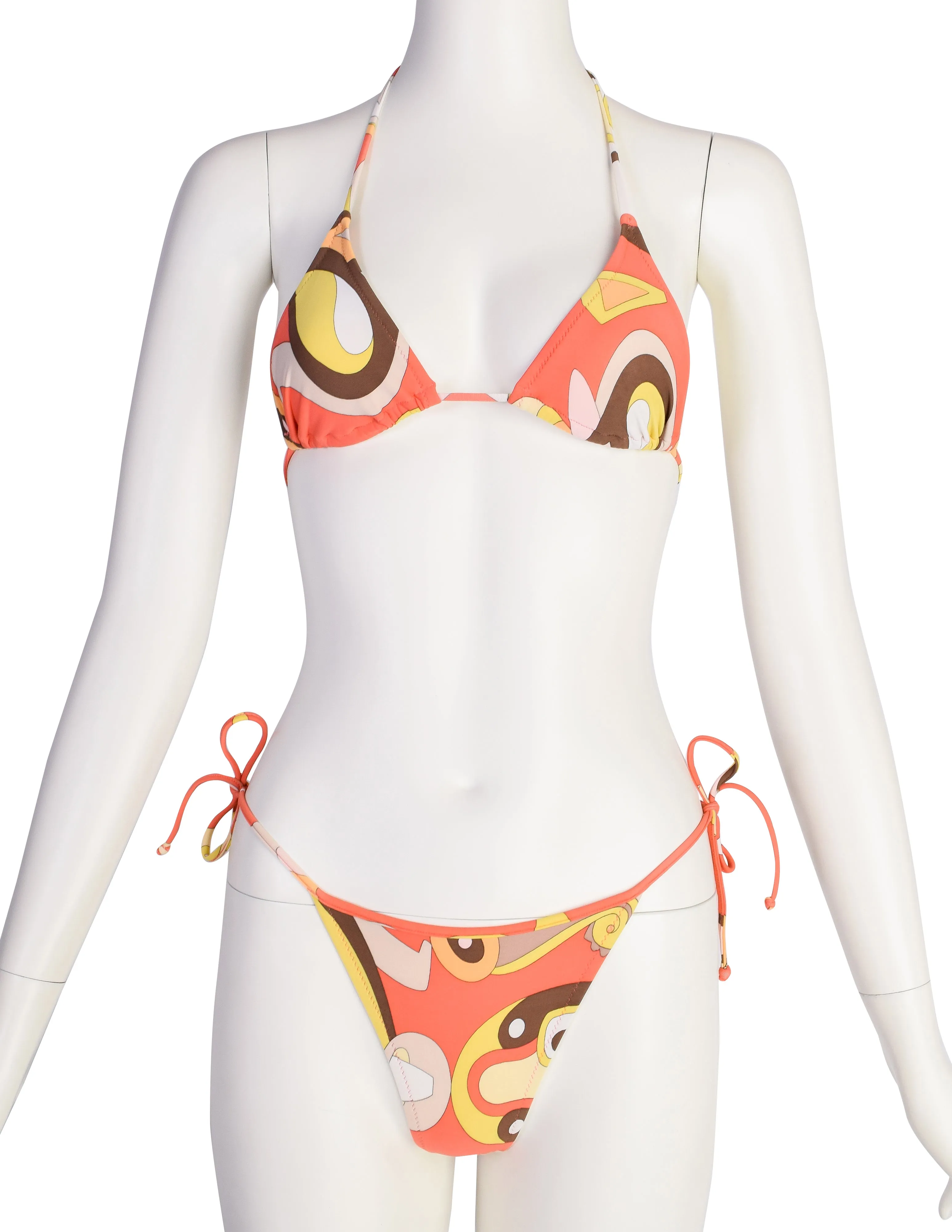 Emilio Pucci Vintage Salmon Brown Yellow Psychedelic Print Two Piece Bikini Swimsuit