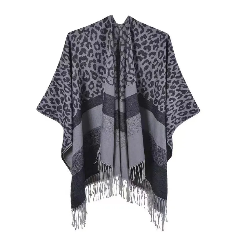 Fashion Leopard Print Poncho Wrap with Tassel