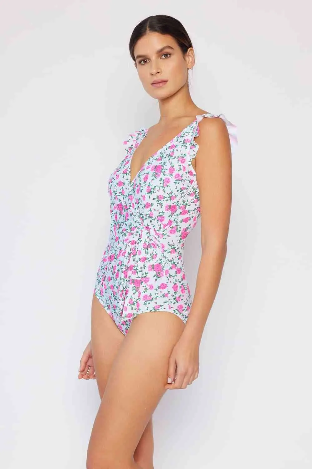 Float On Ruffle Faux Wrap One-Piece Womens Swimsuit in Roses Off-White