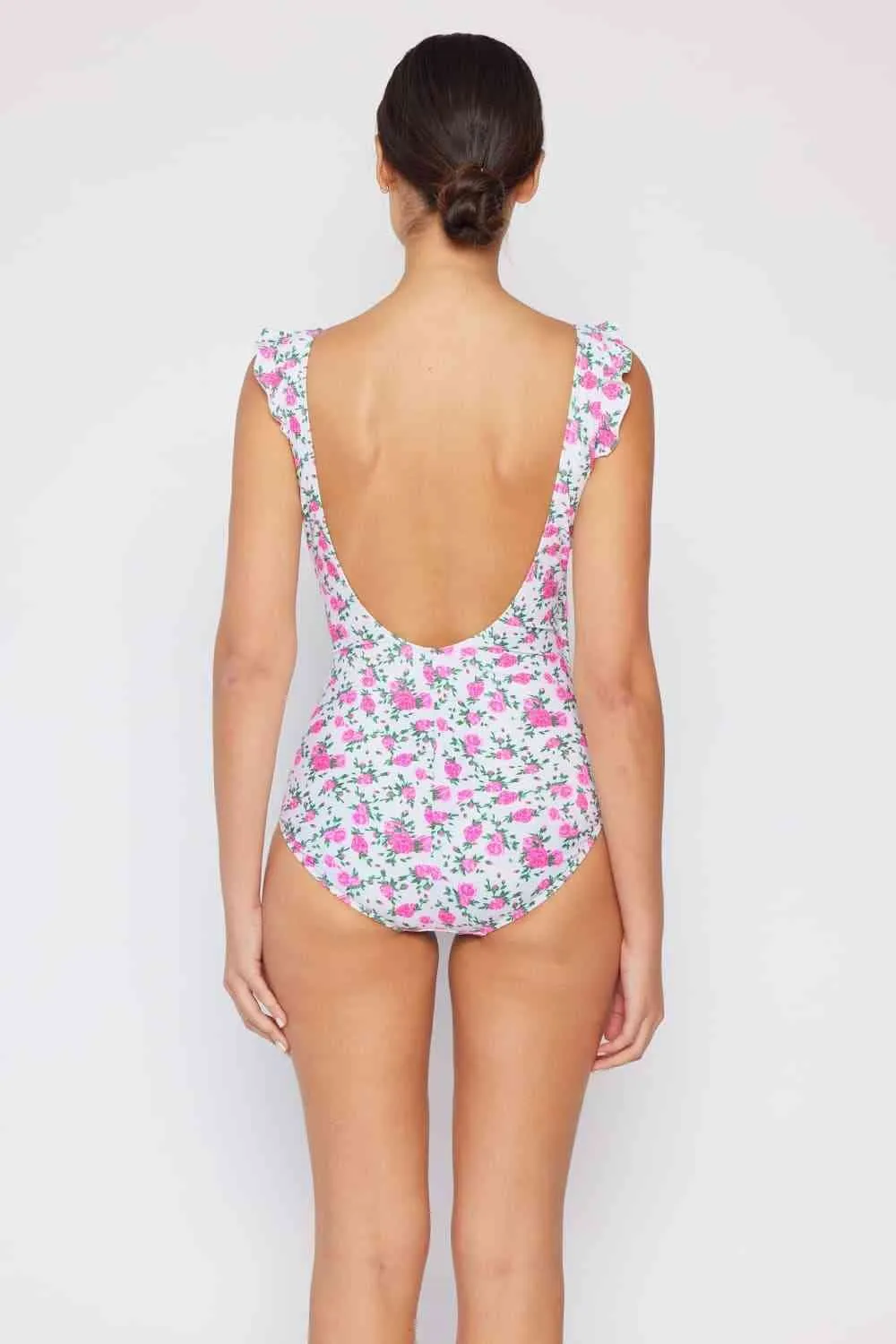 Float On Ruffle Faux Wrap One-Piece Womens Swimsuit in Roses Off-White