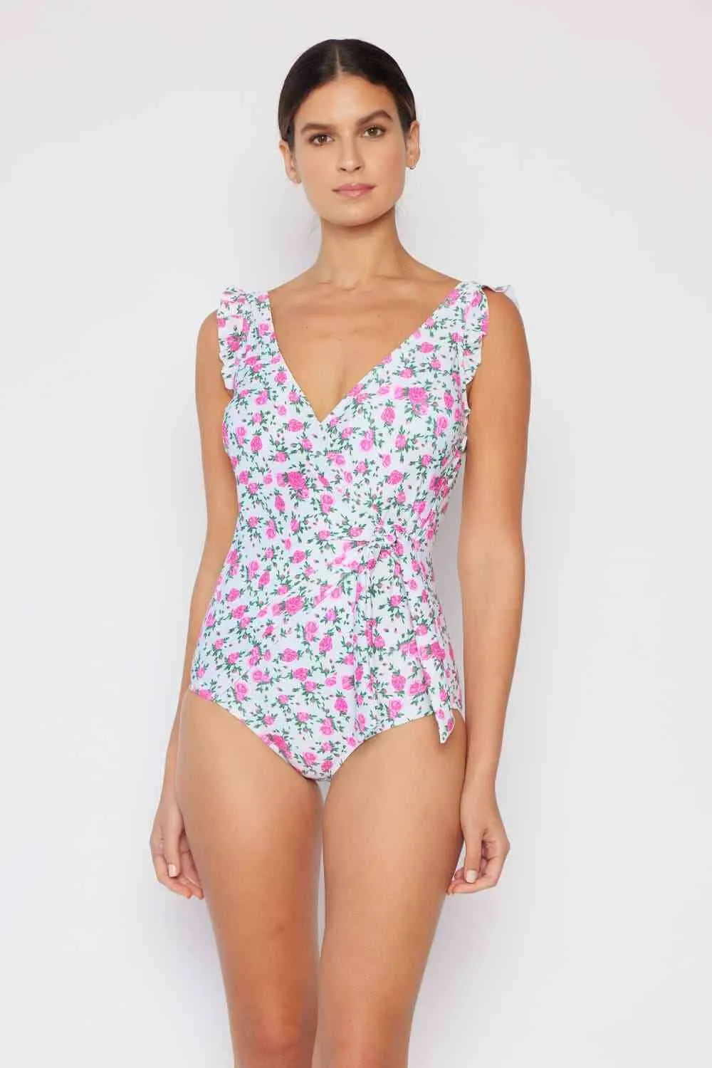 Float On Ruffle Faux Wrap One-Piece Womens Swimsuit in Roses Off-White