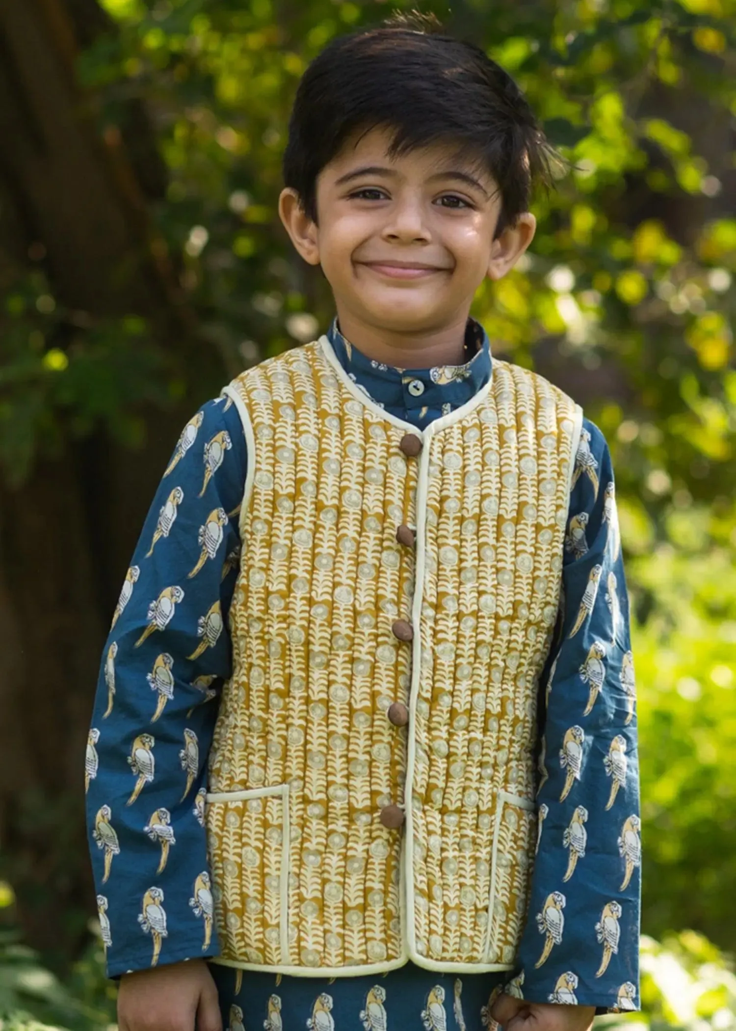 Helia/Floral Olive & Ochre 100% Cotton Reversible Bundi Jacket Unisex (0-12 Years)