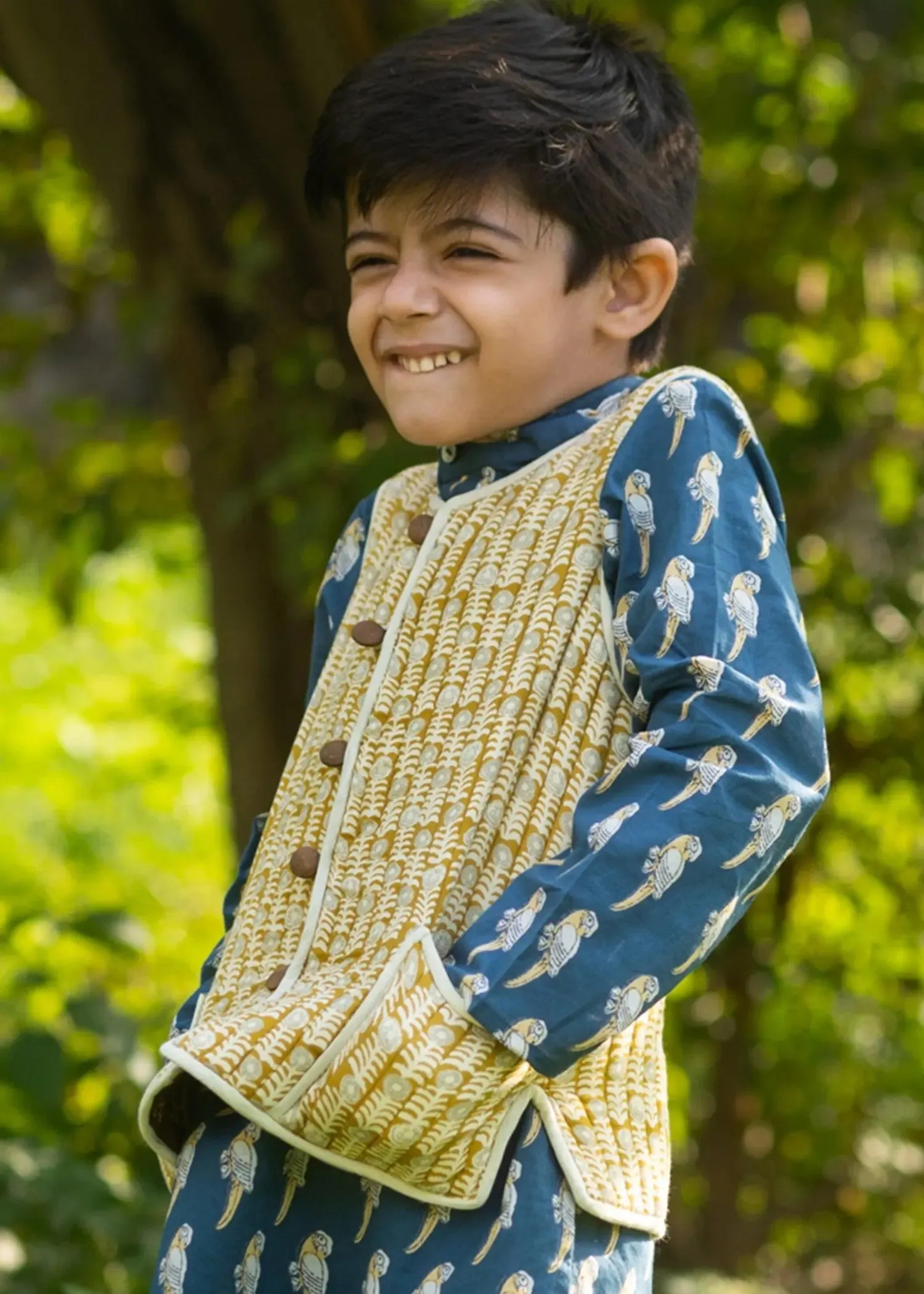 Helia/Floral Olive & Ochre 100% Cotton Reversible Bundi Jacket Unisex (0-12 Years)