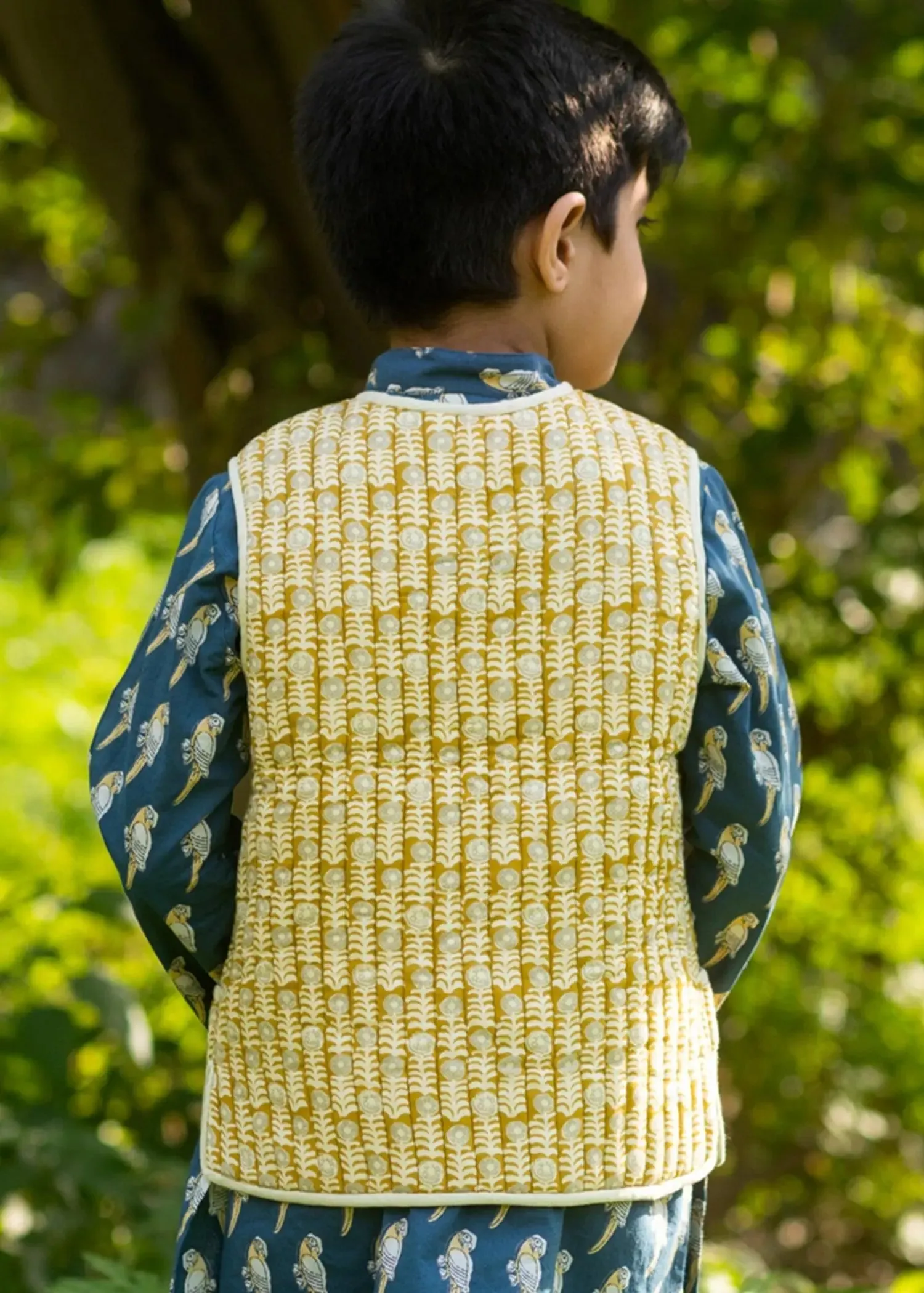 Helia/Floral Olive & Ochre 100% Cotton Reversible Bundi Jacket Unisex (0-12 Years)