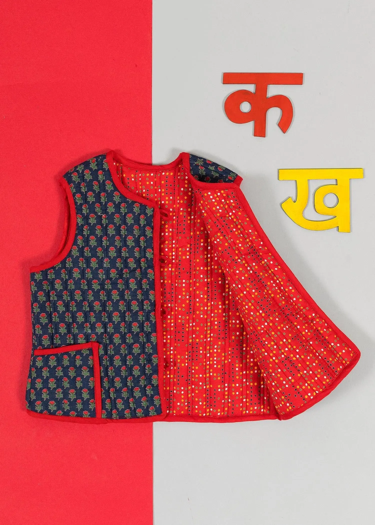 Kanak Ratan Blue & Red 100% Cotton Quilted Reversible  Jacket Unisex (0-12 Years)