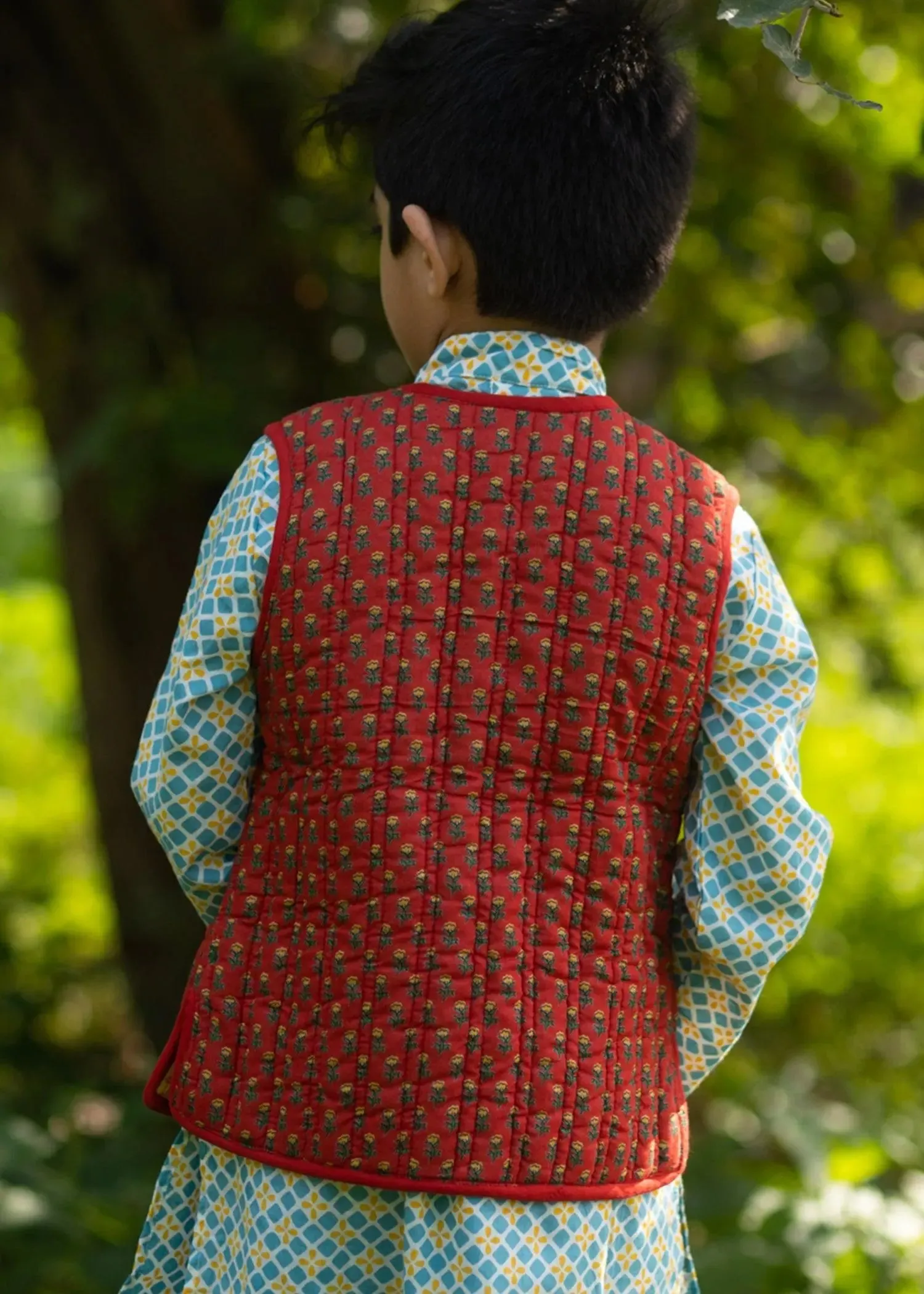 Kanak/Bhoomi Mustard & Red 100% Cotton Reversible Bundi Jacket Unisex (0-12 Years)