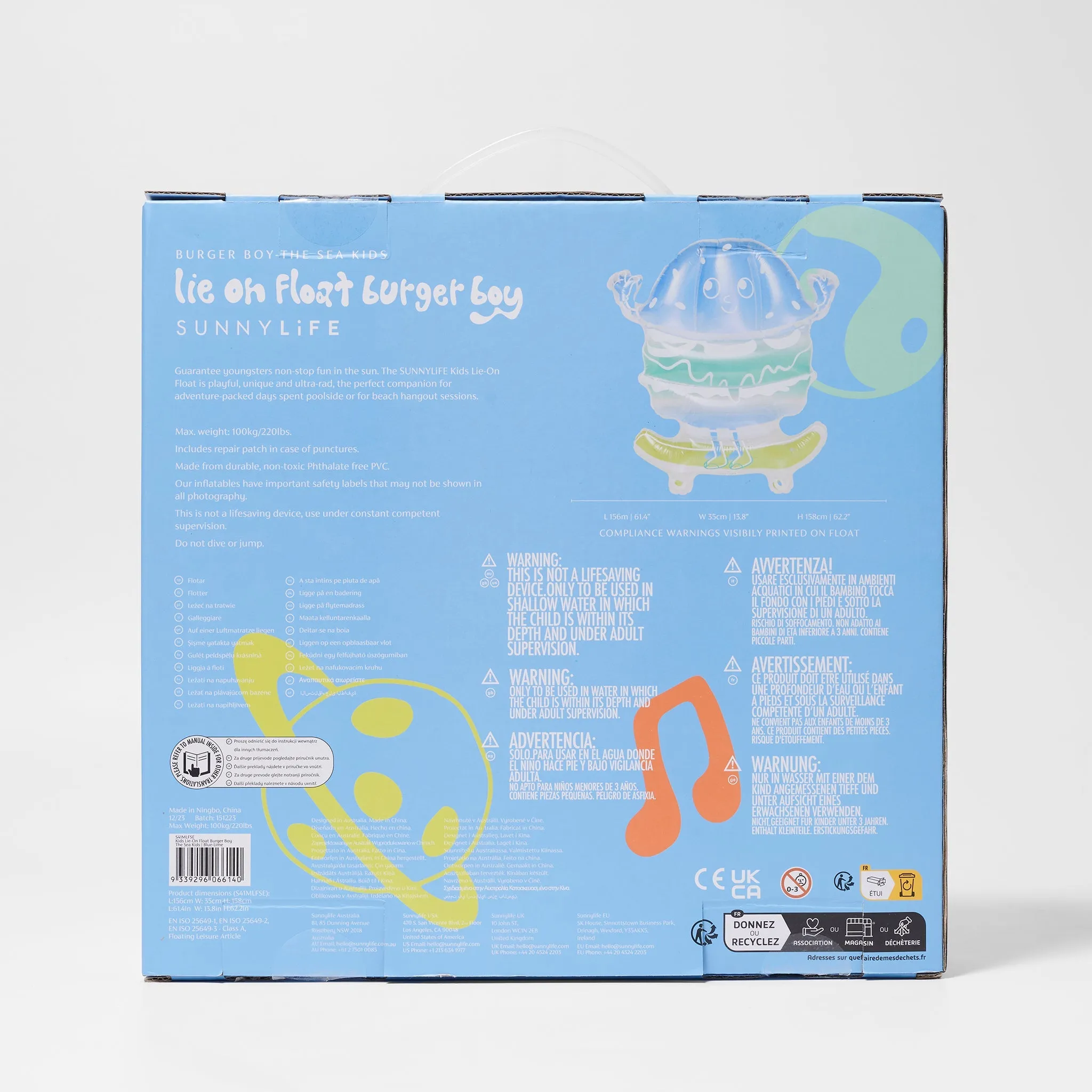 Kids Lie-On Float Burger Boy | The Sea Kids Blue-Lime