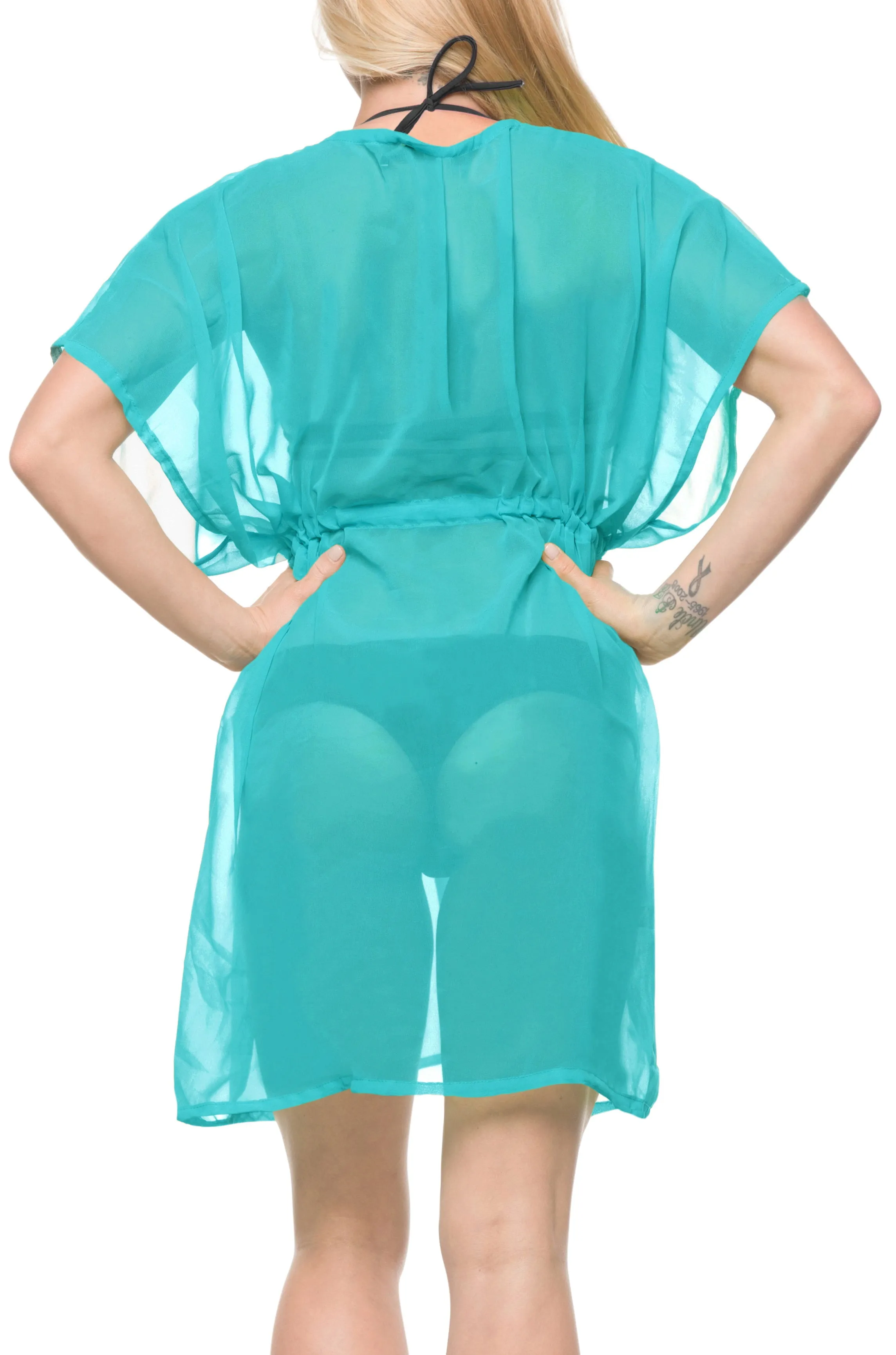 LA LEELA Bikni Swimwear Chiffon Solid Beach Tunic Cover Up OSFM 14-24 [L-3X] Blue_870