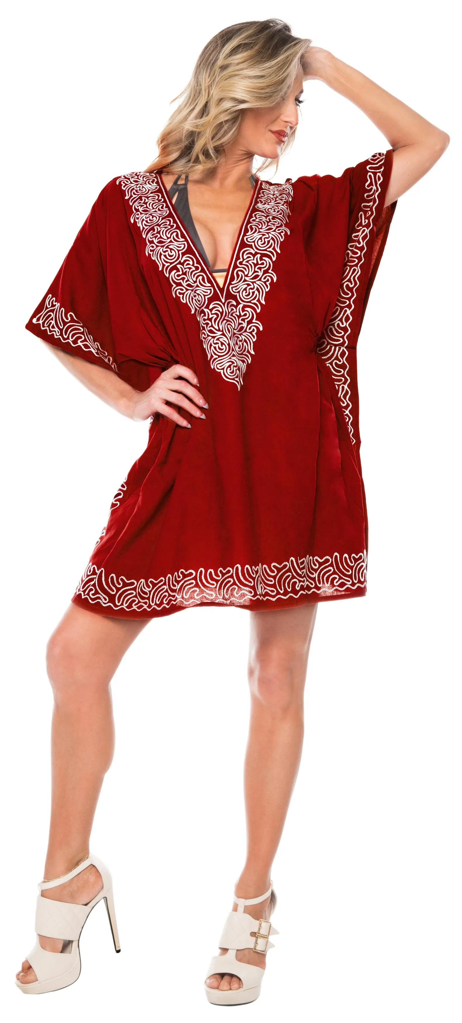 LA LEELA Bikni Swimwear Rayon Solid Blouse Cover Ups Women OSFM 10-16 [M-1X] Red_2694