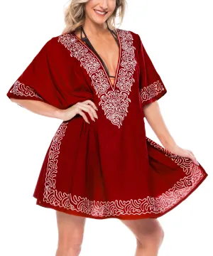 LA LEELA Bikni Swimwear Rayon Solid Blouse Cover Ups Women OSFM 10-16 [M-1X] Red_2694