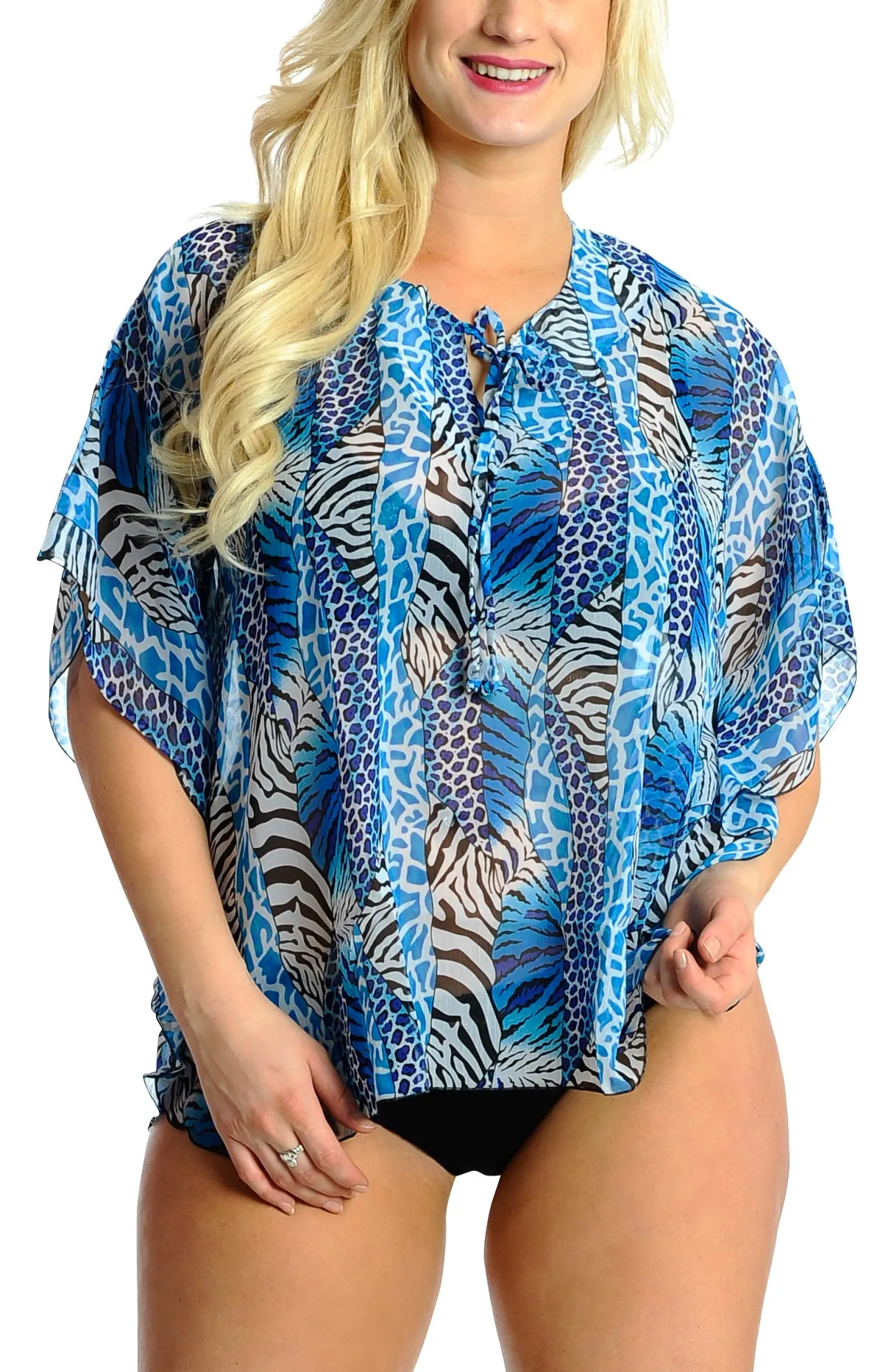 LA LEELA Bikni Swimwear Soft fabric Printed Beachwear Loose Cover Up OSFM 14-16W [L- 1X] Blue_F968