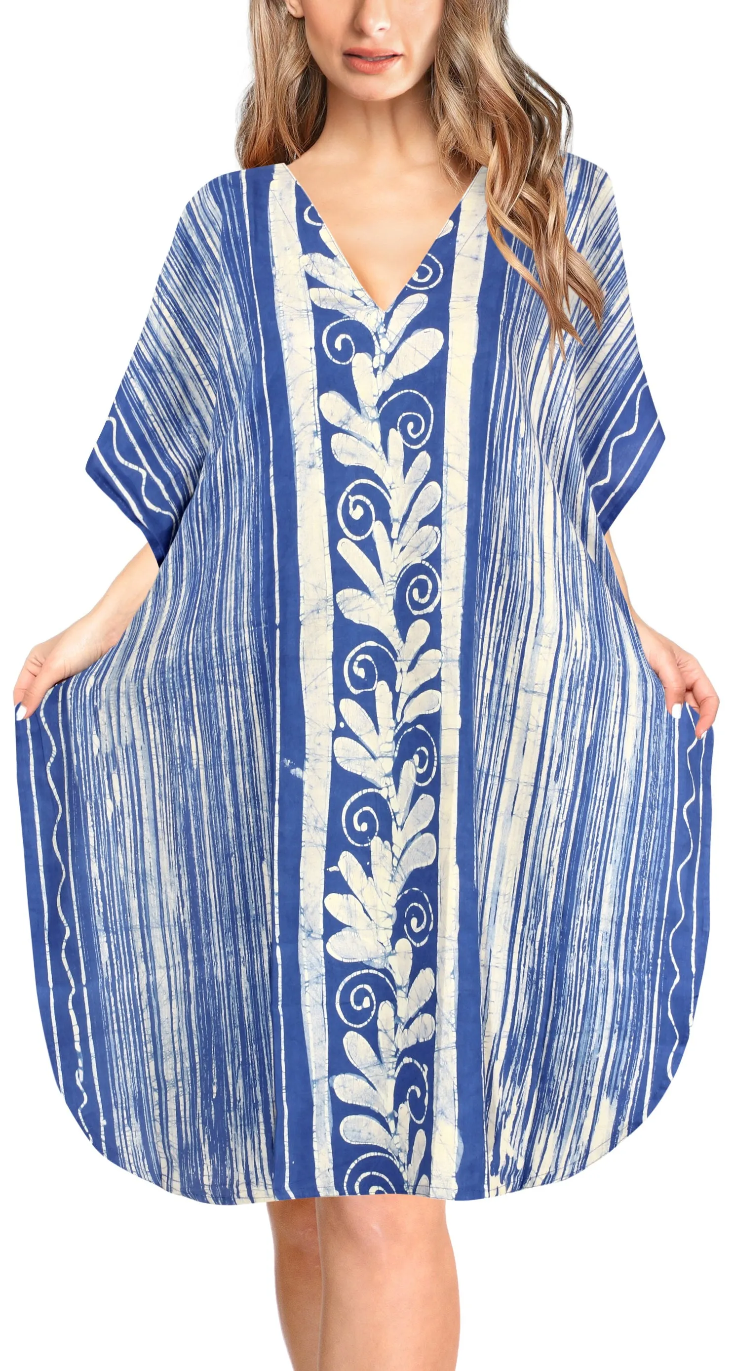 LA LEELA Cotton Batik Short Caftan Vacation Top OSFM 14-18W [L- 2X] Blue_A640