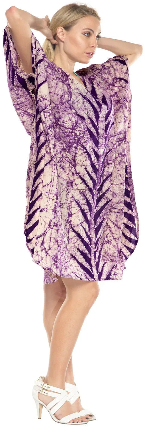 LA LEELA Cotton Batik Short Caftan Vacation Top Purple_3939 OSFM 14-18W [L-2X]