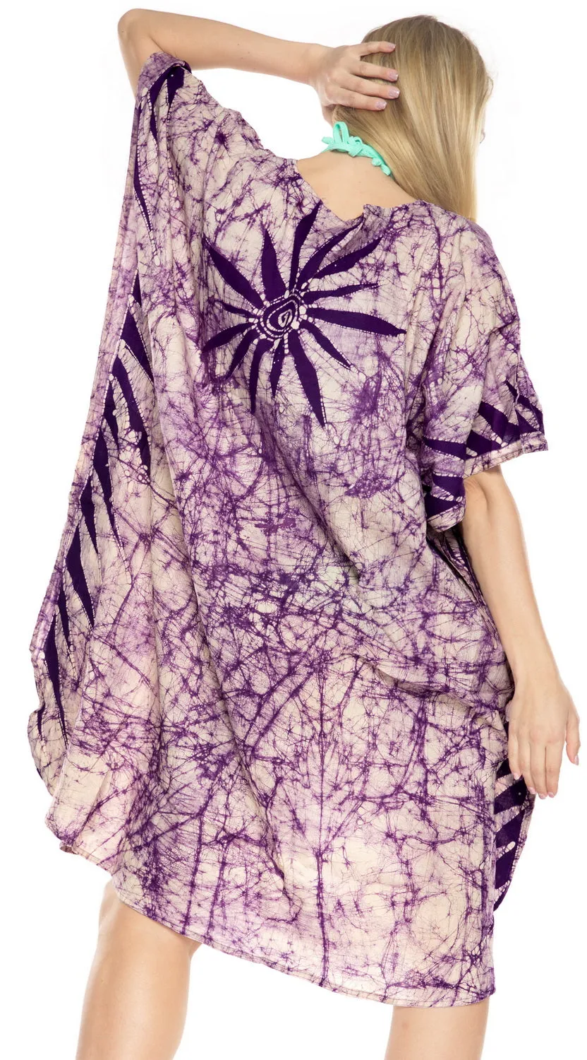 LA LEELA Cotton Batik Short Caftan Vacation Top Purple_3939 OSFM 14-18W [L-2X]