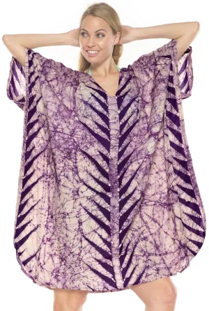 LA LEELA Cotton Batik Short Caftan Vacation Top Purple_3939 OSFM 14-18W [L-2X]