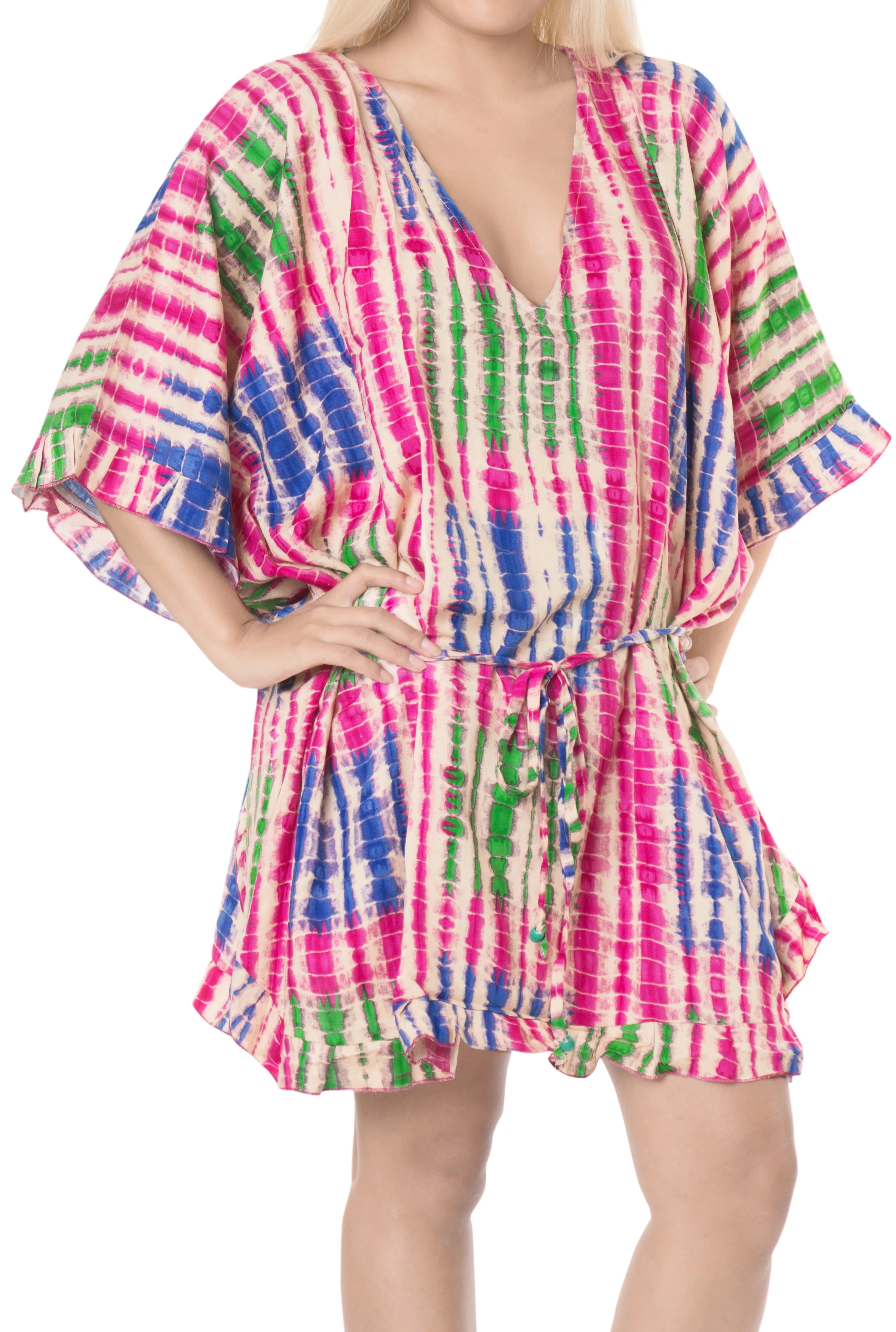 LA LEELA Cotton Tie_Dye Short Caftan Vacation Dress Pink_A927