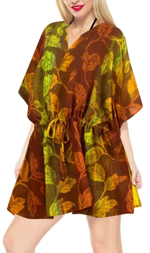 LA LEELA Cotton Tie_Dye Short Caftan Vacation Dress Yellow_A388