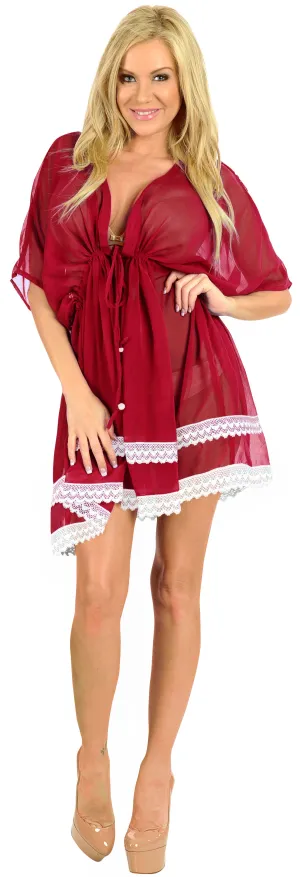 La Leela LightWeight Chiffon Bikini Cover up Caftan Swimsuit Robe Beachy Red