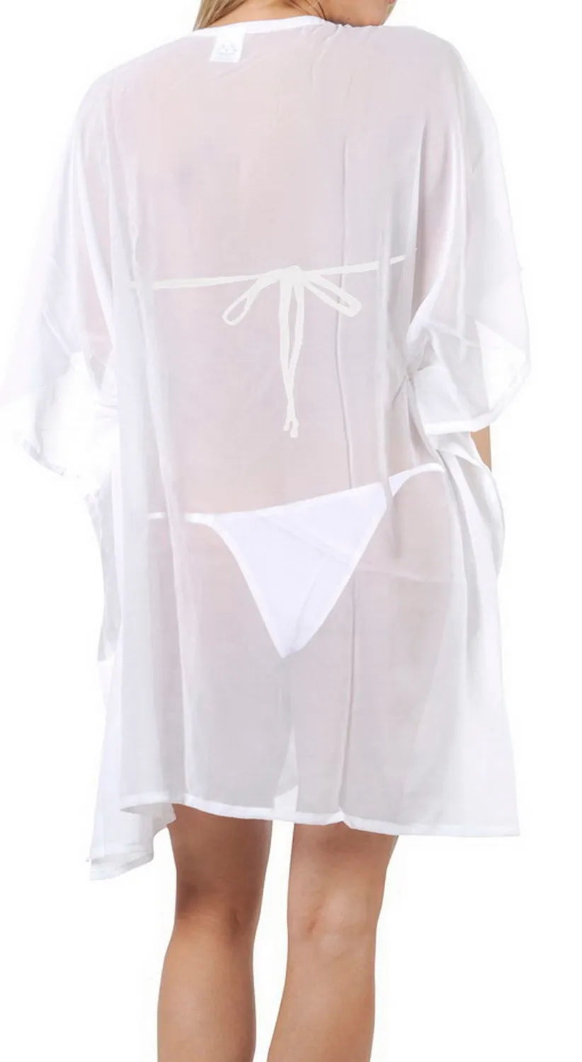 La Leela SHEER LIGHTWEIGHT Beach Dress Embroidered Bikini CHIFFON Coverup White