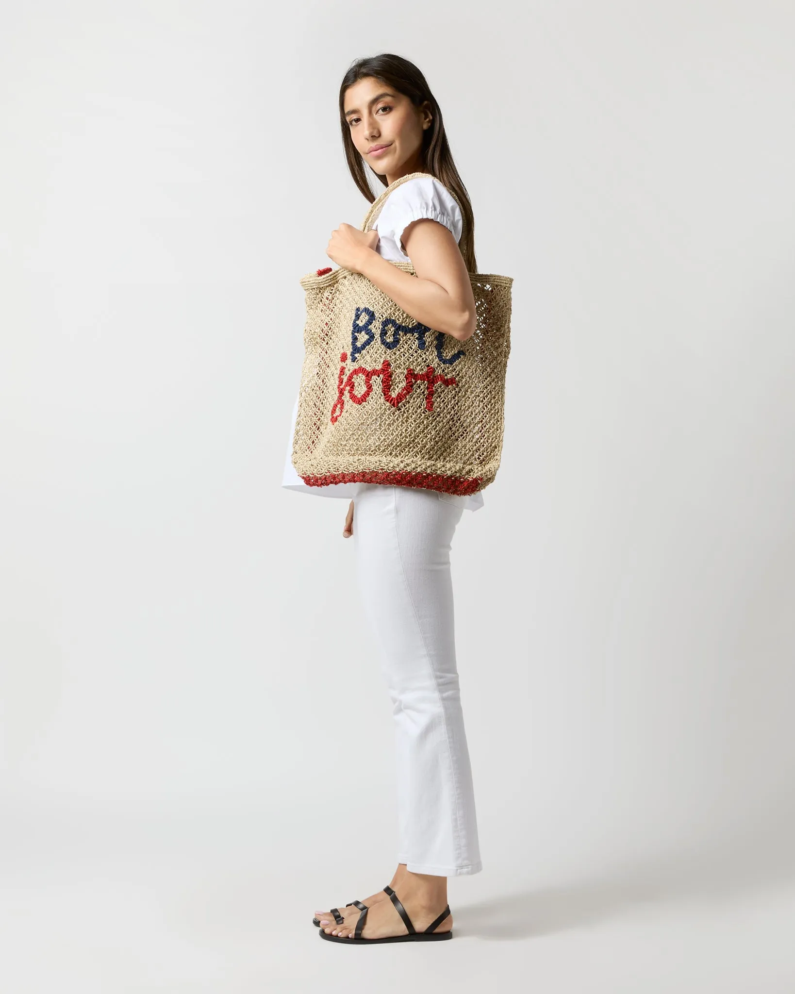 Large Bon Jour Tote in Natural/Blue/Red