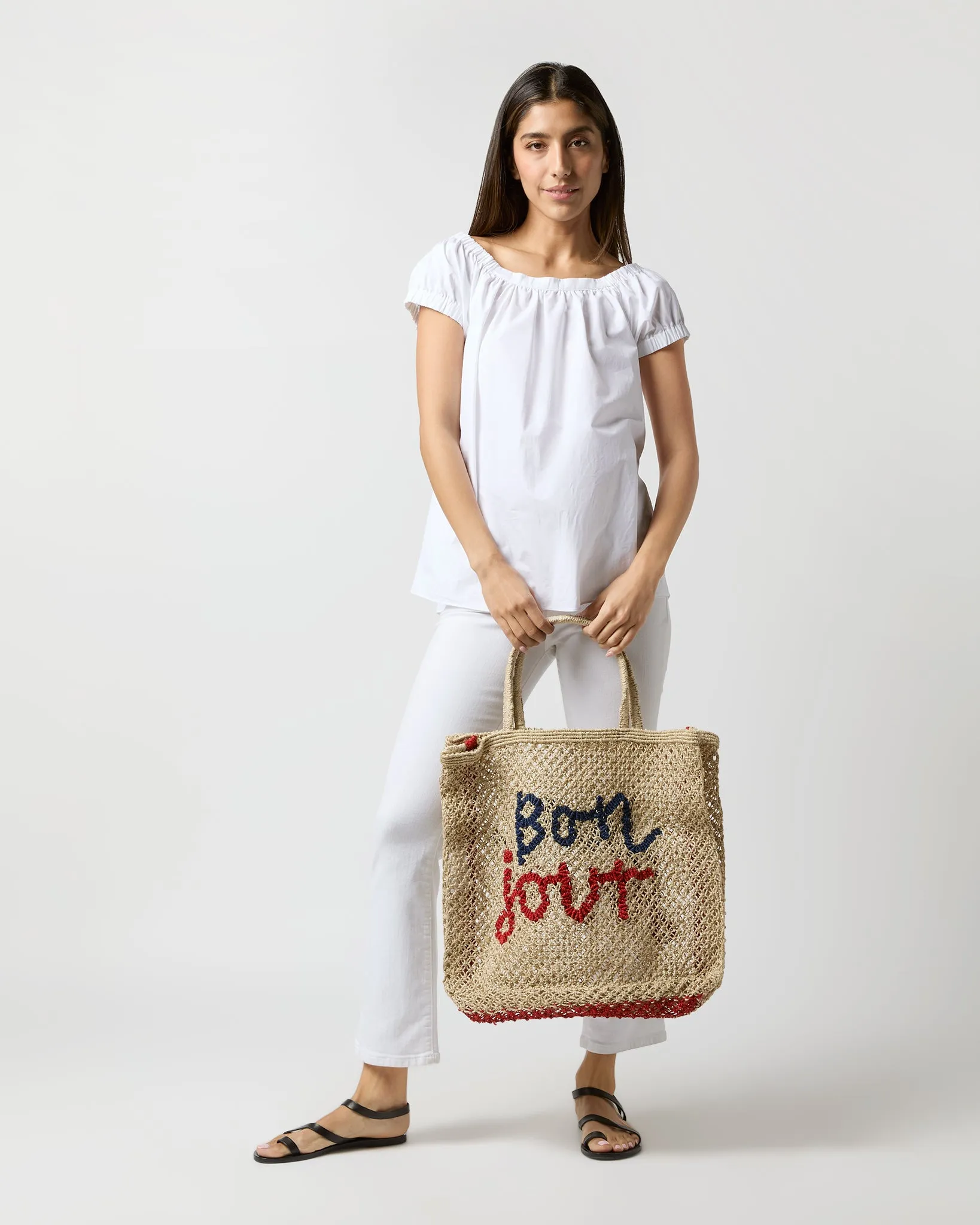 Large Bon Jour Tote in Natural/Blue/Red