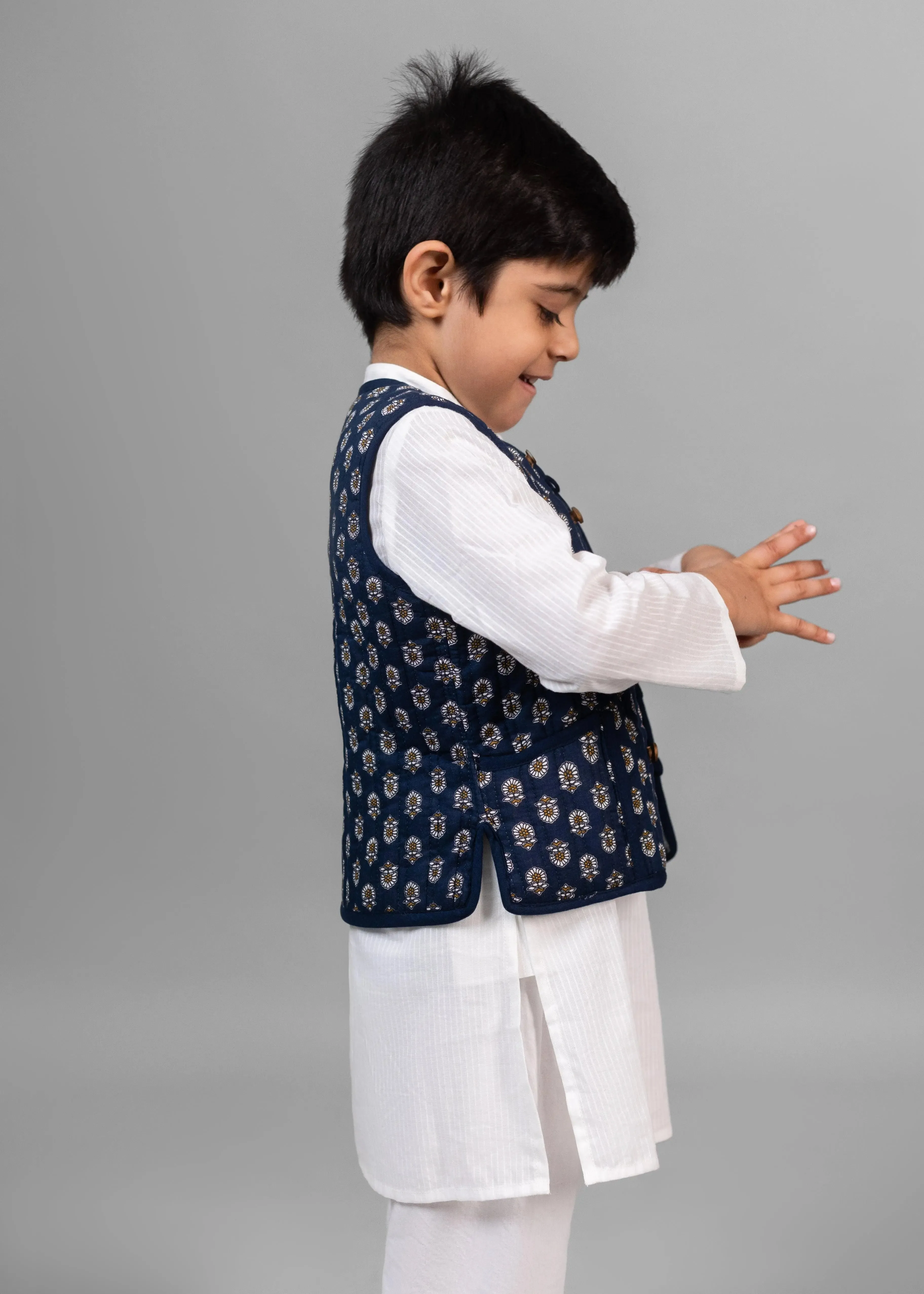 Meher/Rhombus Blue & Green 100% Cotton Reversible Bundi Jacket Unisex (0-12 Years)